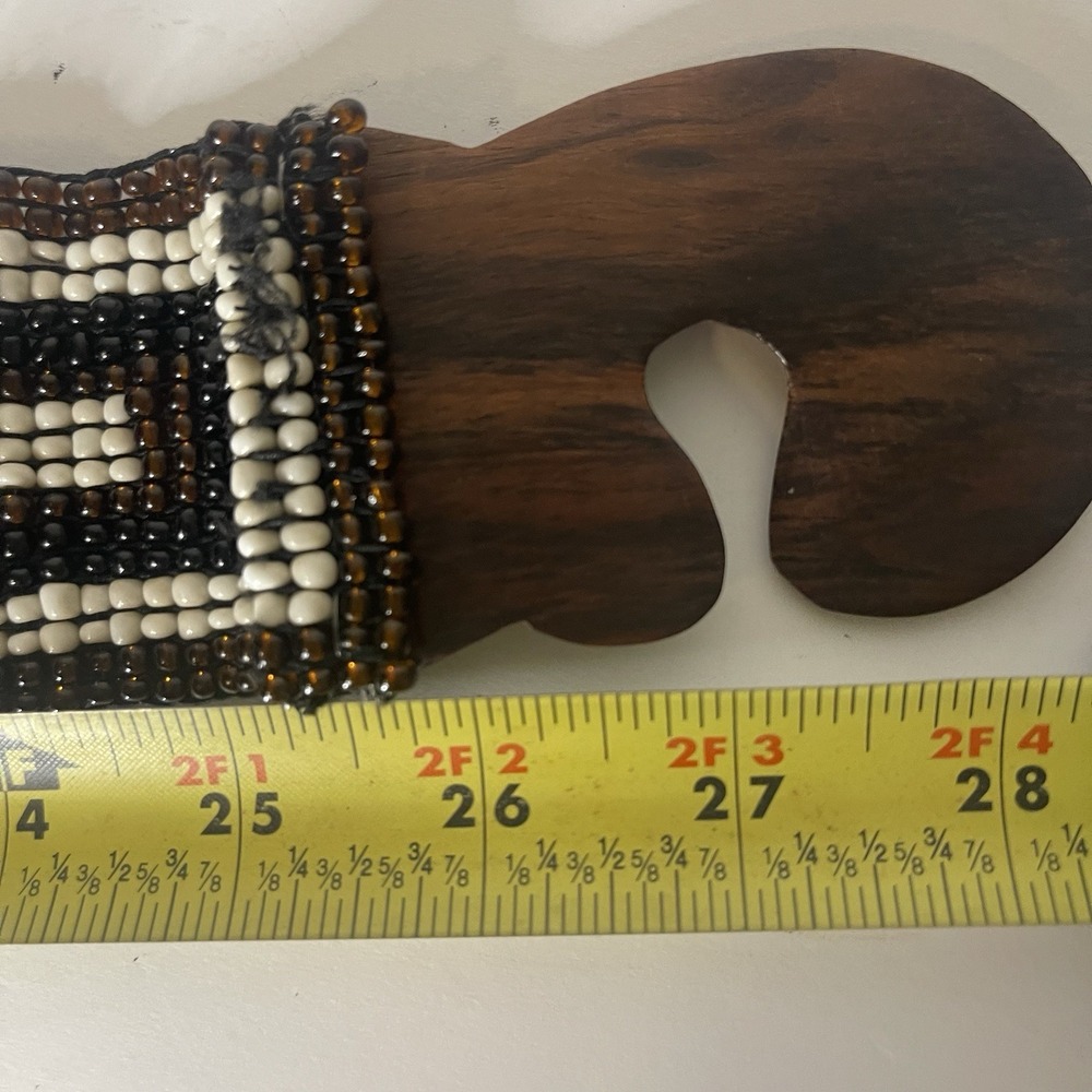 Boho Beaded Stretch Belt Brown White interlocking Wood Buckle Elastic Waist 27" - Picture 5 of 6
